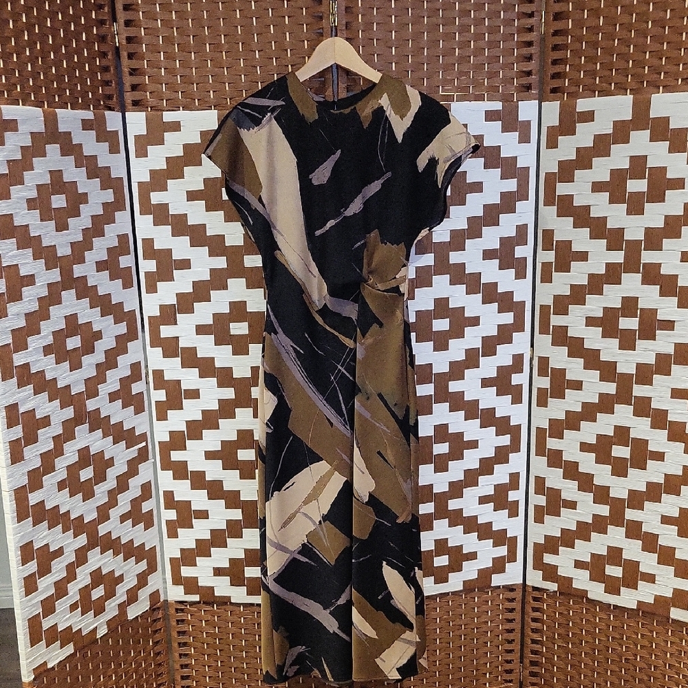 Zara Black and Brown Patterned Midi Dress